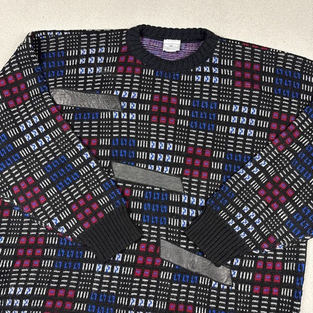 Vintage Sergio Valente Sweater 2X Mens Black Abstract Geometric Knit Made in Usa